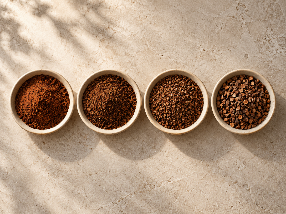Four bowls showing fine, medium-fine, medium, and coarse coffee grounds on a warm stone surface