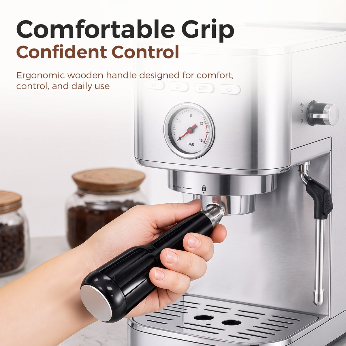 Hand Gripping 51mm Bottomless Portafilter with Ergonomic Black ABS Handle on Espresso Machine – Comfortable Grip and Confident Control
