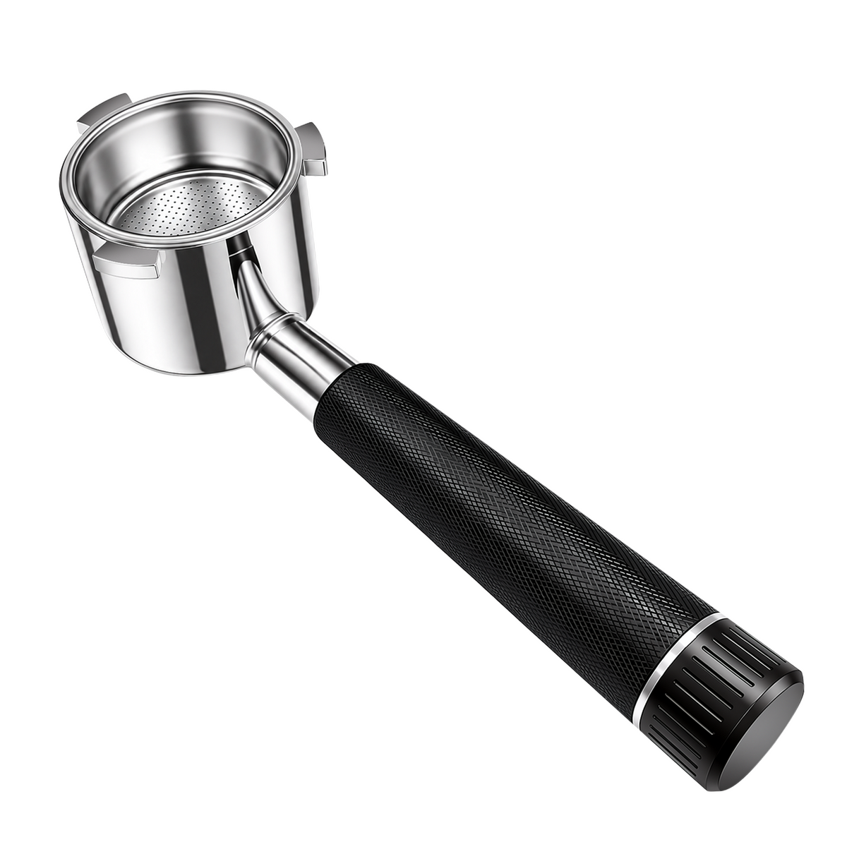 51mm Bottomless Portafilter with Black Aluminum Knurled Handle – 3-Ear Design for DeLonghi La Specialista Espresso Machines, White Background Product Shot