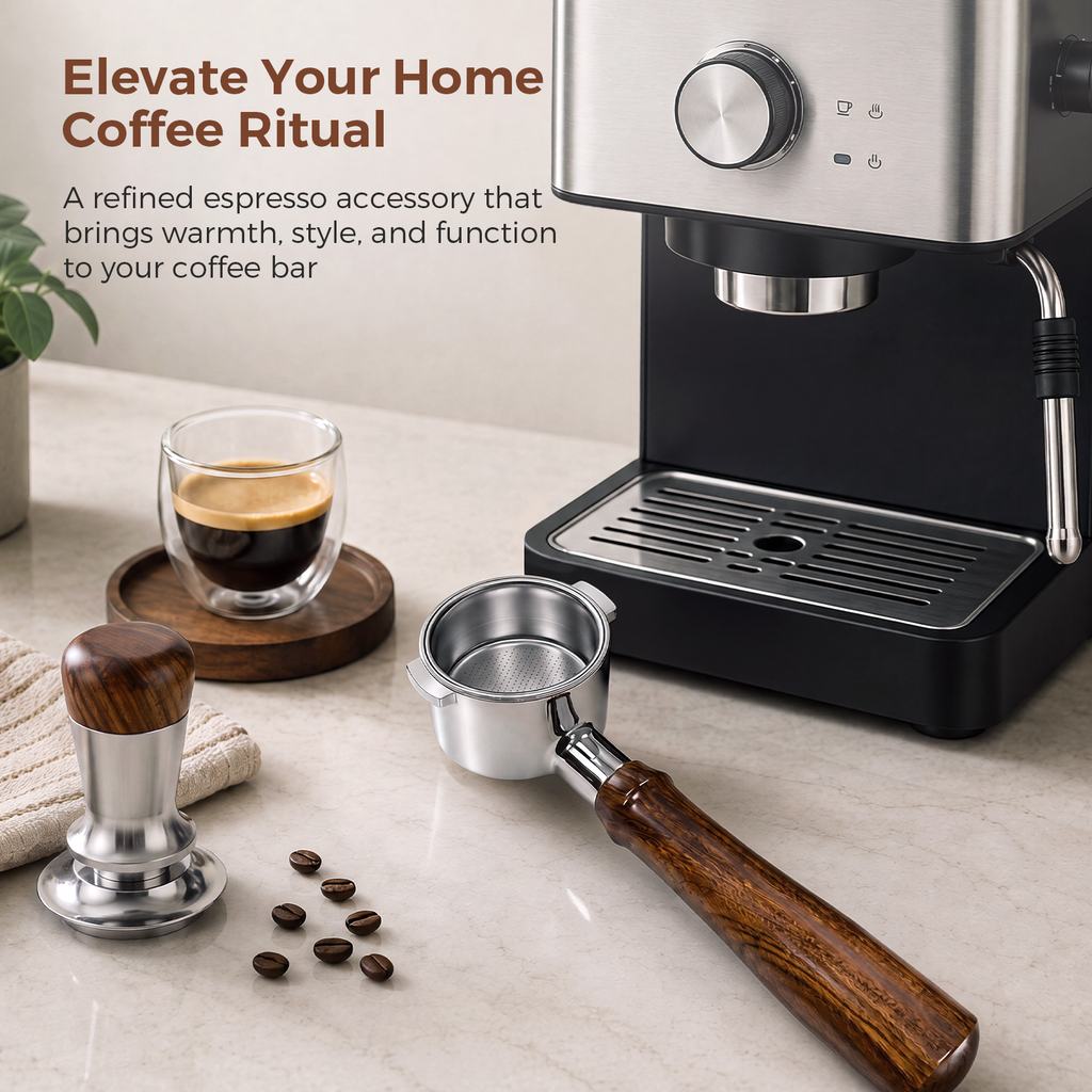 51mm Walnut Handle Bottomless Portafilter with Tamper and Espresso Cup – Home Coffee Setup