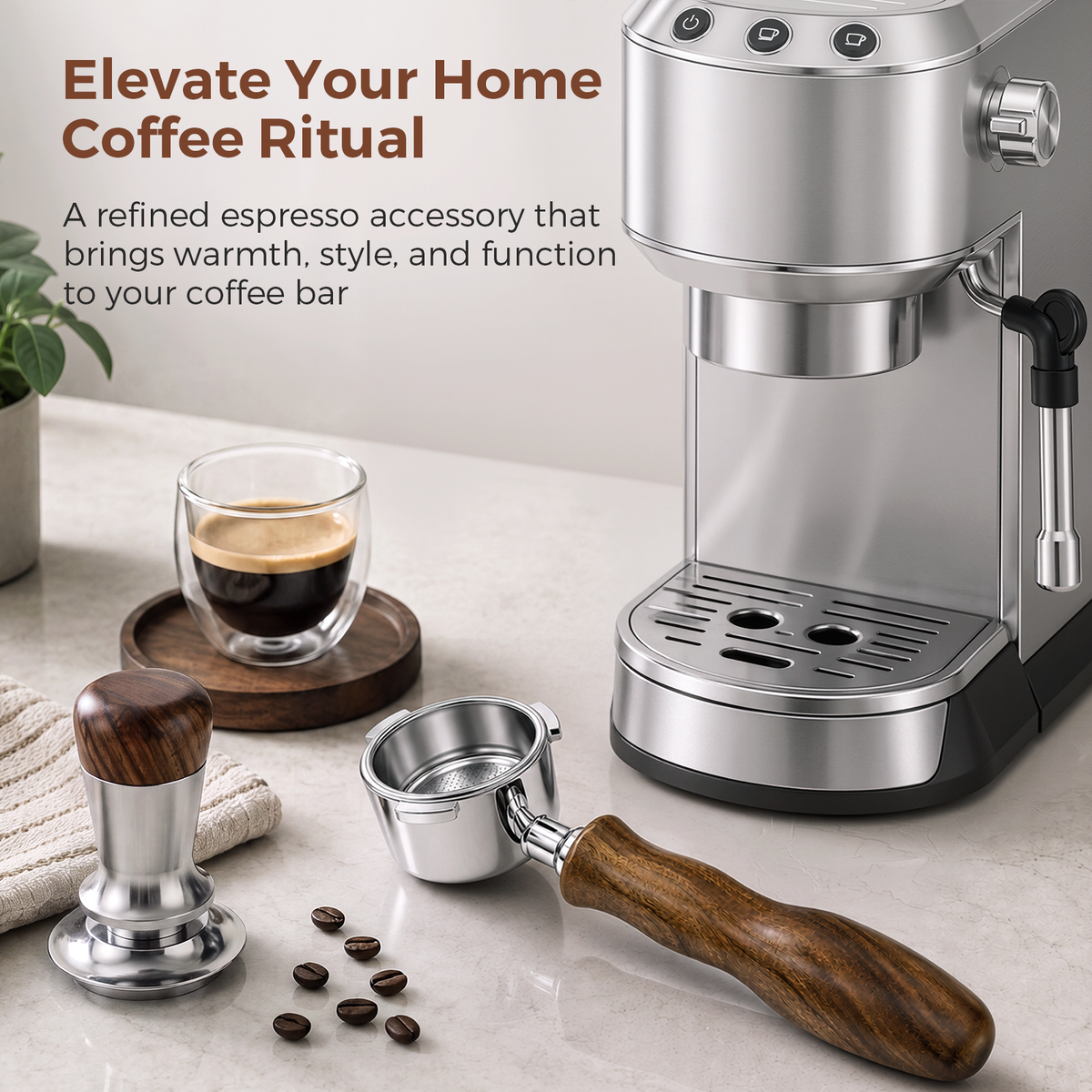 51mm Walnut Handle Bottomless Portafilter with Tamper and Espresso Cup – Home Coffee Setup