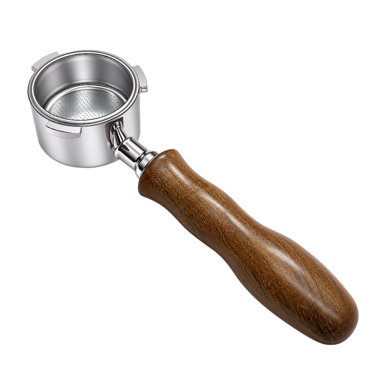 51mm Bottomless Portafilter with Walnut Wood Handle – 3-Ear Design for DeLonghi Dedica Espresso Machines, White Background Product Shot