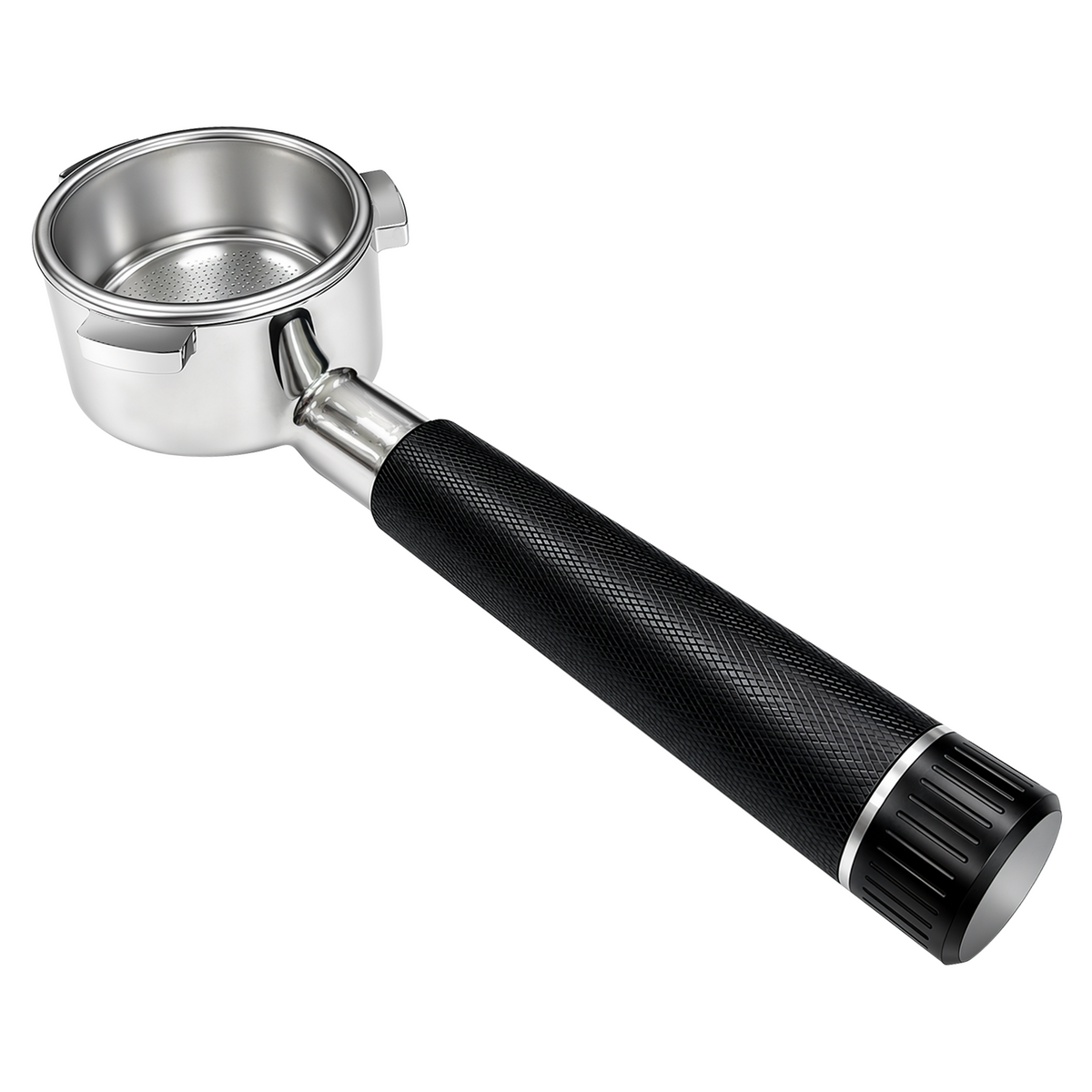 54mm Bottomless Portafilter with Black Knurled Aluminum Alloy Handle – 3-Ear Design, White Background Product Shot