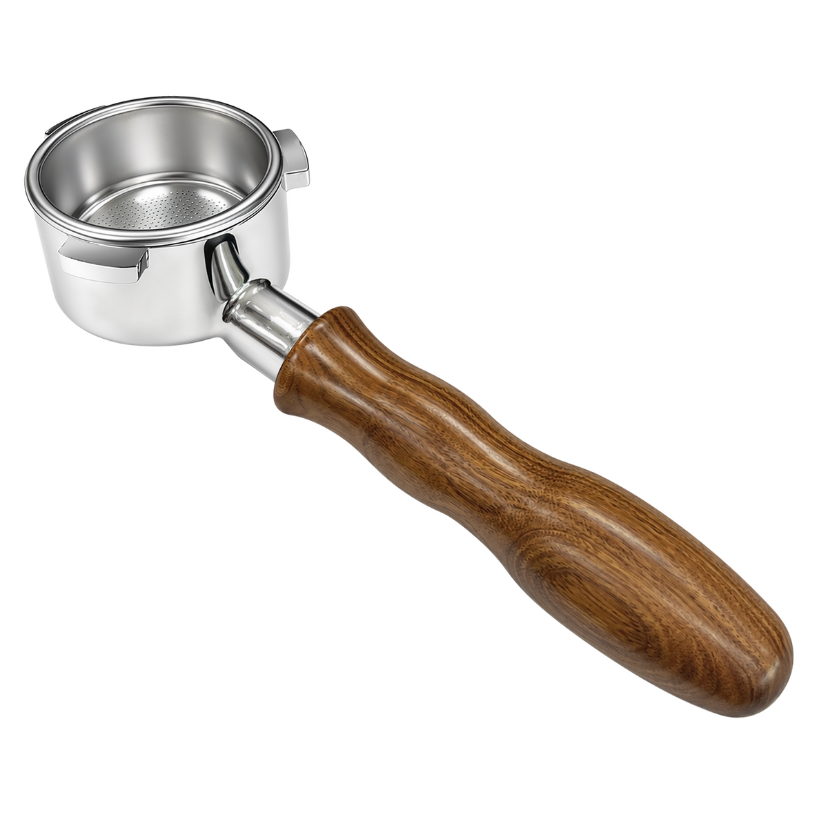 54mm Bottomless Portafilter with Walnut Wood Handle – 3-Ear Design, White Background Product Shot