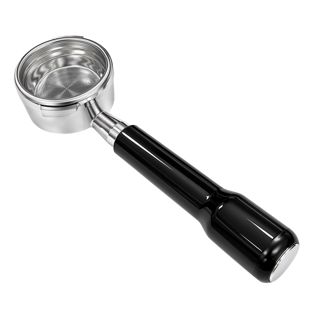 58mm Bottomless Portafilter with Black ABS Handle – 2-Ear Design for Gaggia Espresso Machines, White Background Product Shot