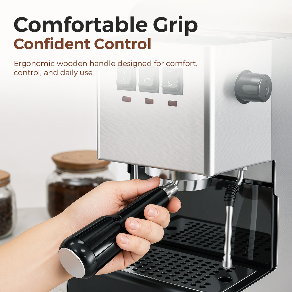 Hand Gripping 58mm Bottomless Portafilter with Black ABS Handle on Gaggia Espresso Machine – Comfortable and Confident Control