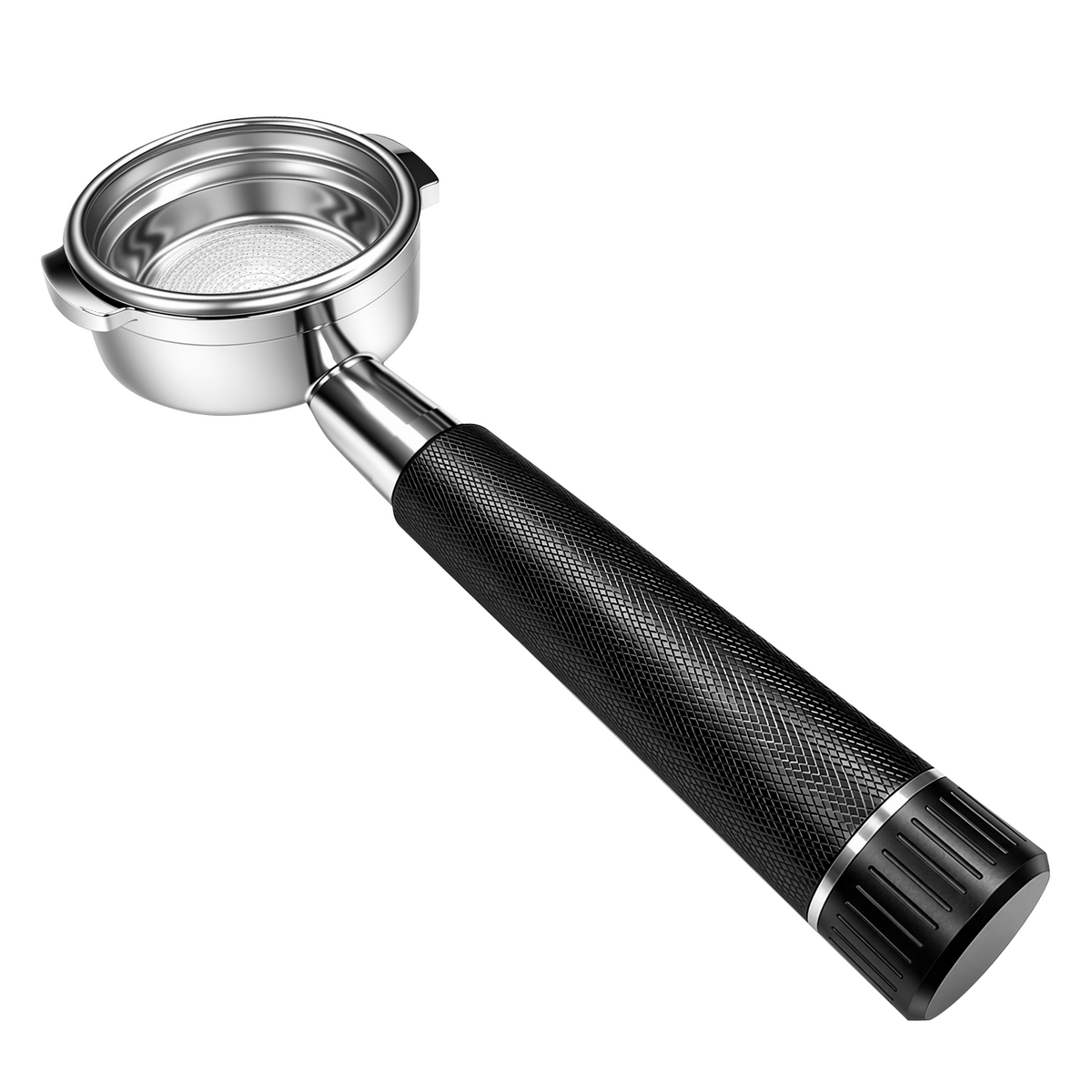 58mm Bottomless Portafilter with Black Knurled Aluminum Alloy Handle – 2-Ear Design for E61 Group Head, White Background Product Shot