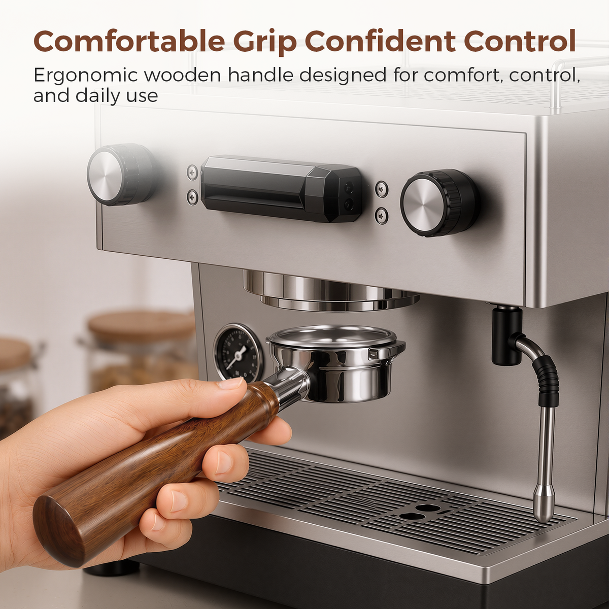 Hand Gripping 58mm Bottomless Portafilter with Walnut Wood Handle on La Marzocco Home Espresso Machine – Ergonomic Comfortable Control
