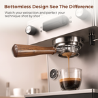 58mm Walnut Wood Handle Bottomless Portafilter Brewing Espresso Shot on La Marzocco Home Machine – Watch Extraction Flow in Real Time