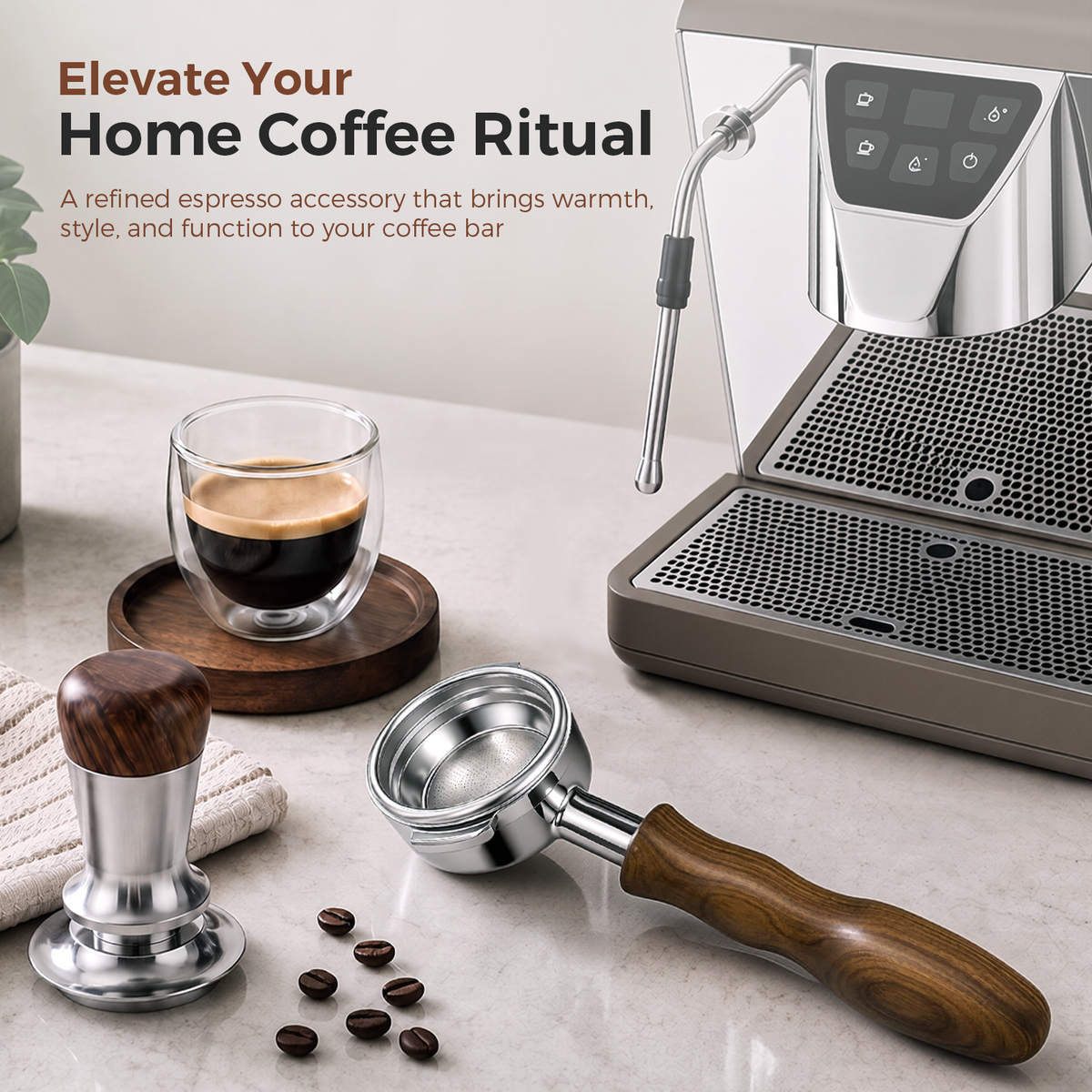 58mm Walnut Wood Handle Bottomless Portafilter with Tamper and Espresso Cup on Home Coffee Bar – Nuova Simonelli Machine Setup