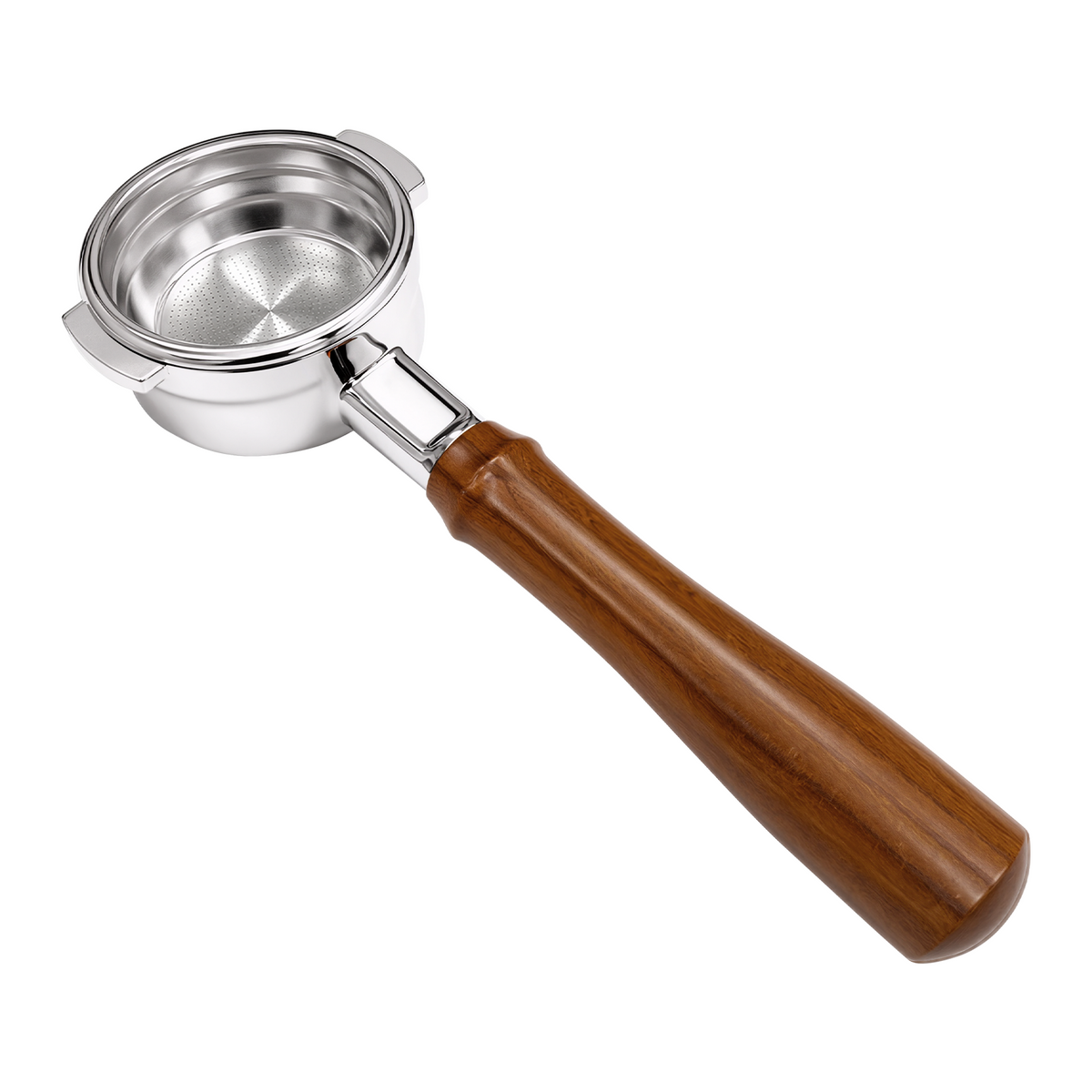 58mm Bottomless Portafilter with Walnut Wood Handle – 2-Ear Design for La Marzocco Home Espresso Machines, White Background Product Shot