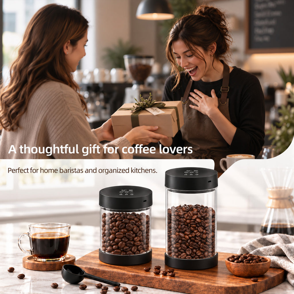 VABICA Vacuum Coffee Canister 0.95L – LED Battery Level & Storage Date Tracker