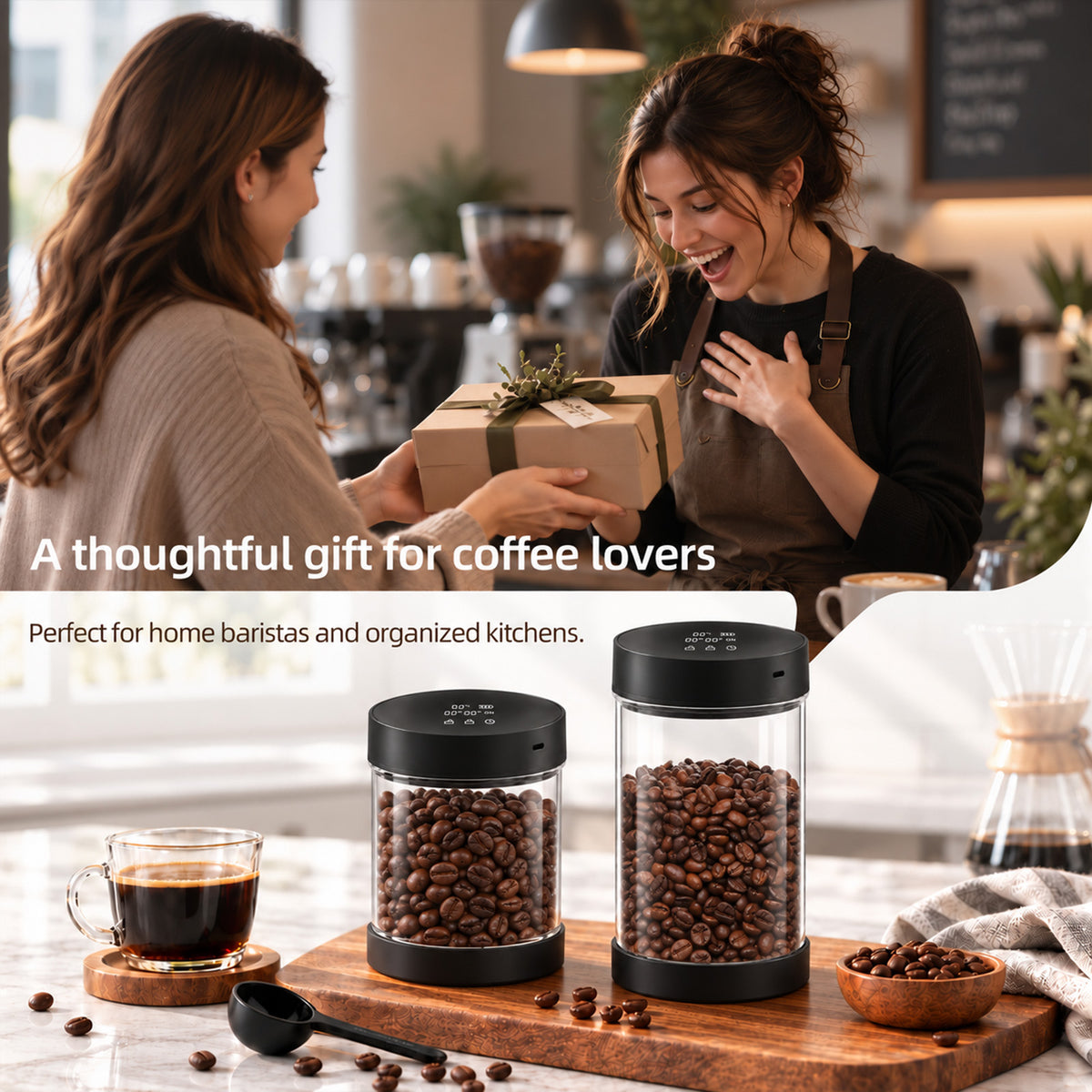 VABICA Vacuum Coffee Canister 0.95L – LED Battery Level & Storage Date Tracker