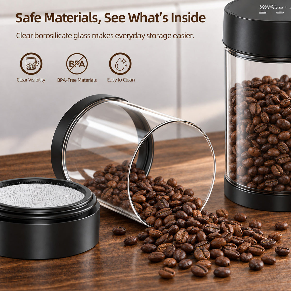 VABICA Auto Vacuum Coffee Canister 0.95L – USB-C Rechargeable, 90-Day Battery