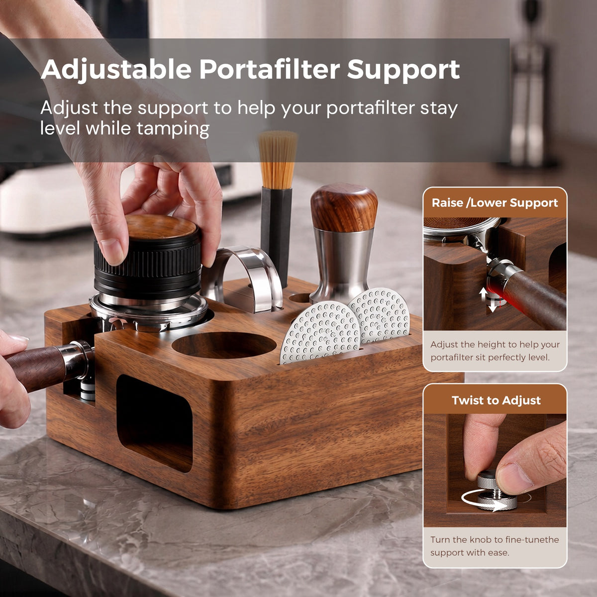 VABICA Walnut Espresso Tamping Station | 51-58mm Tool Organizer for Home Baristas