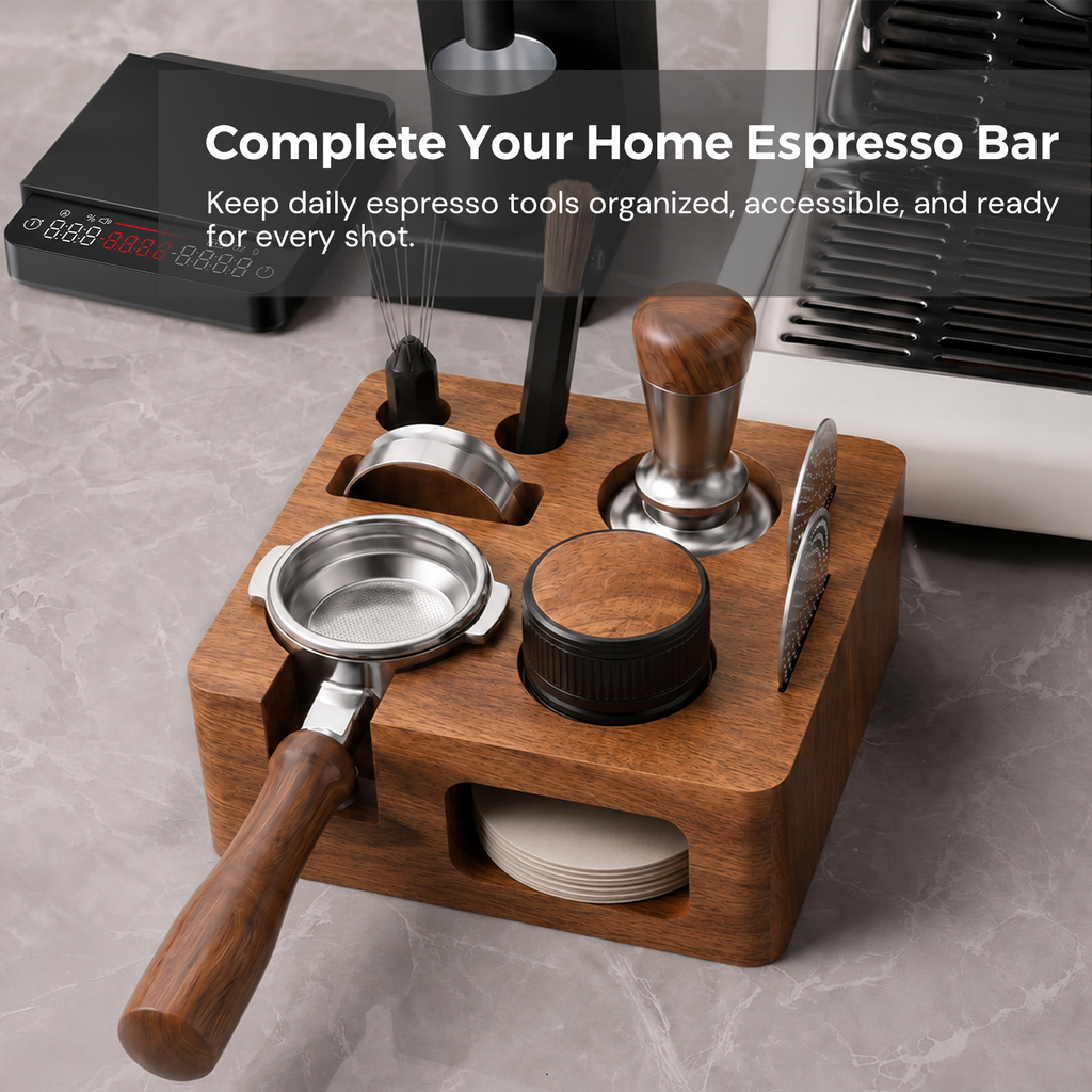 VABICA Walnut Espresso Tamping Station | 51-58mm Tool Organizer for Home Baristas