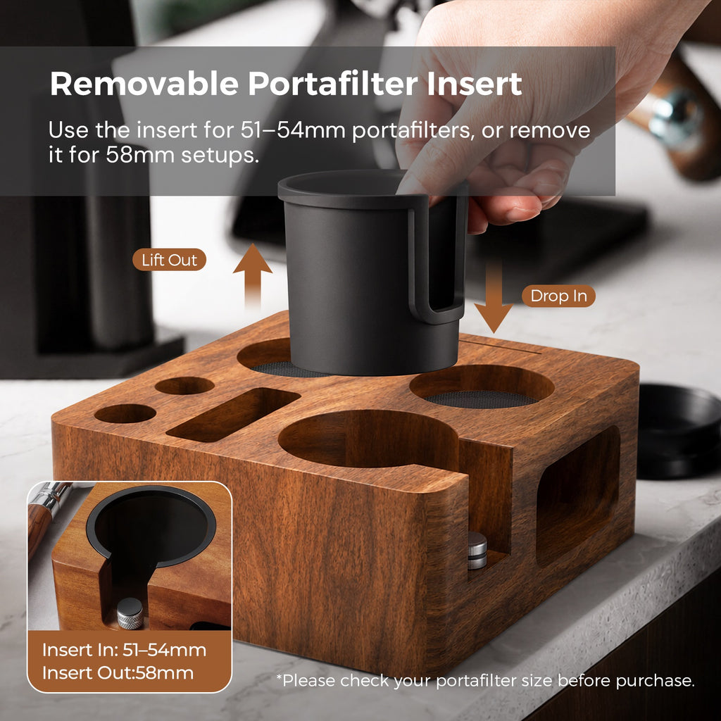 VABICA Walnut Espresso Tamping Station | 51-58mm Tool Organizer for Home Baristas