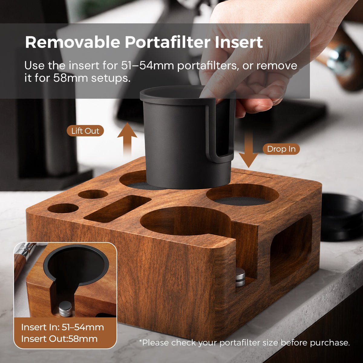 VABICA Walnut Espresso Tamping Station | 51-58mm Tool Organizer for Home Baristas