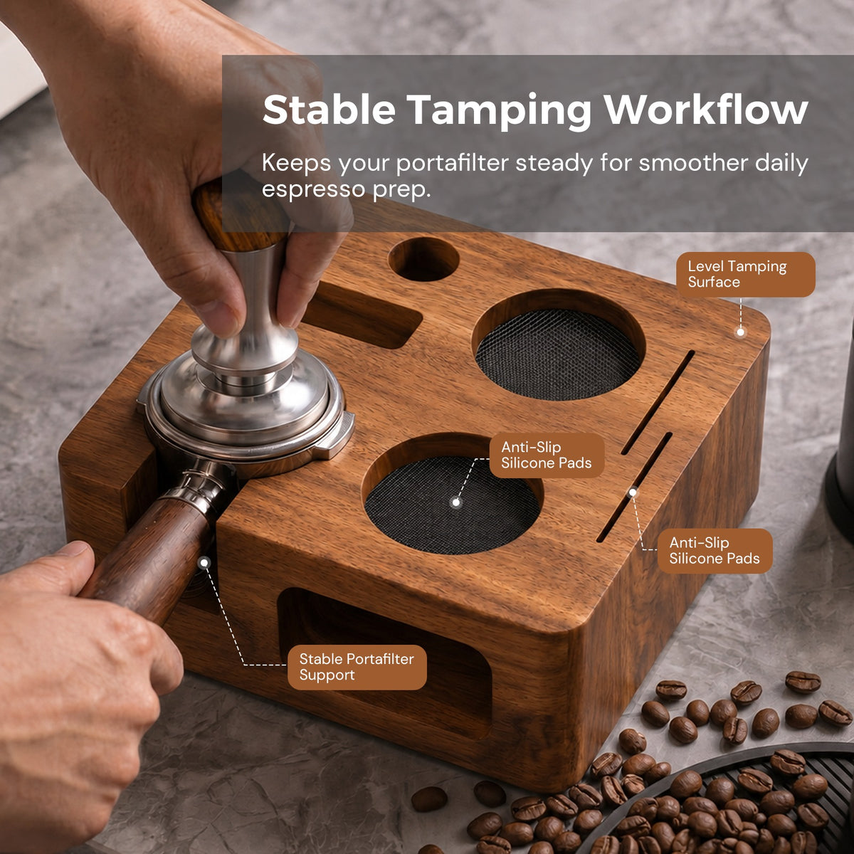 VABICA Walnut Espresso Tamping Station | 51-58mm Tool Organizer for Home Baristas
