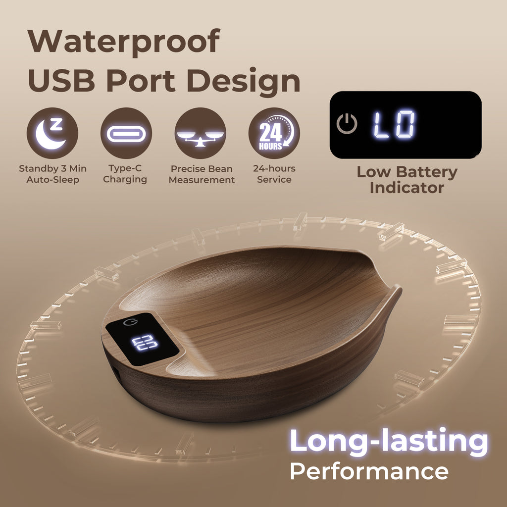 VABICA coffee scale measuring coffee beans and grounds for precise recipes