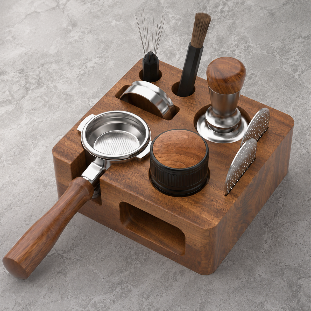 VABICA walnut espresso tool organizer for tampers distributors and coffee accessories