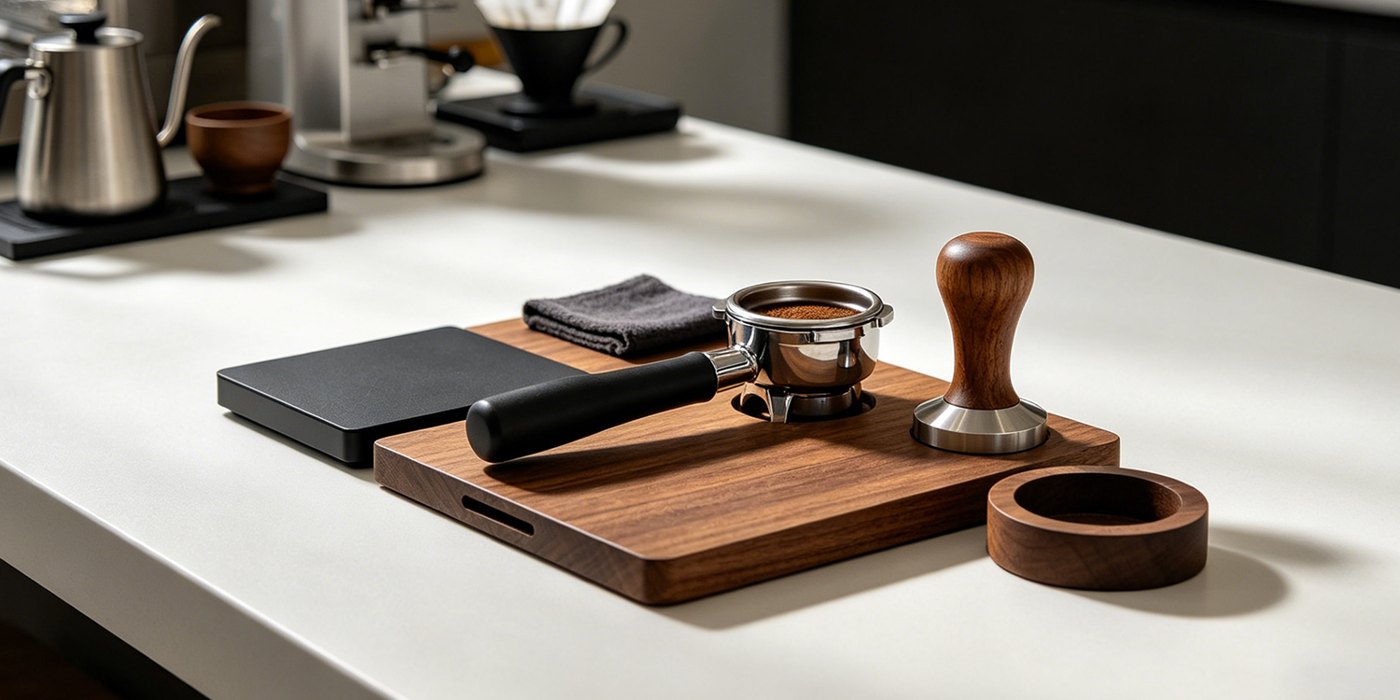 Walnut espresso tools and a coffee scale on a clean coffee bar